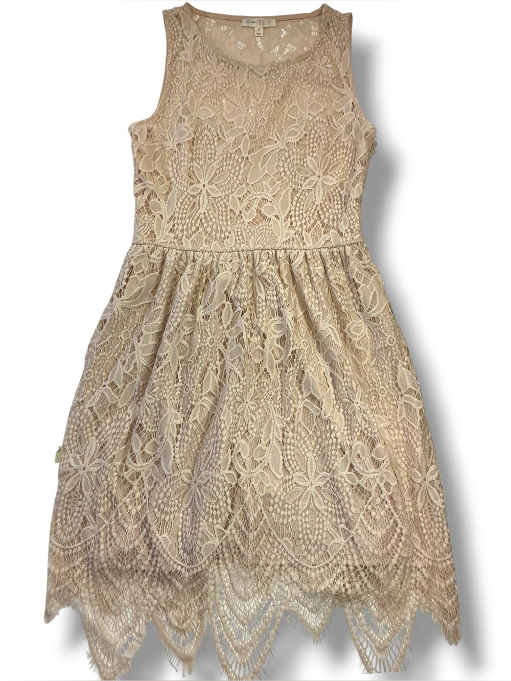 Love,Fire Lace Sleeveless Blush Midi Dress with Pointed Scalloped Hem. Sz M
NWOT